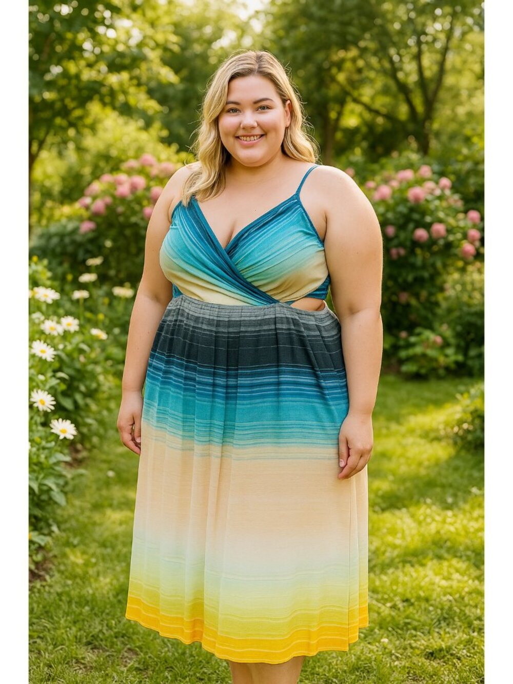 Eloquii Faux Wrap Ombre Stripe Midi Dress Women Size 20 Cutouts Sundress Pleated